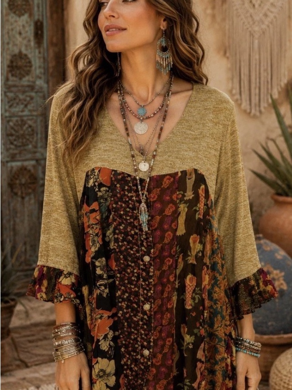 Young threads Mustard Yellow V-Neck Mixed-Print Women’s tunic
